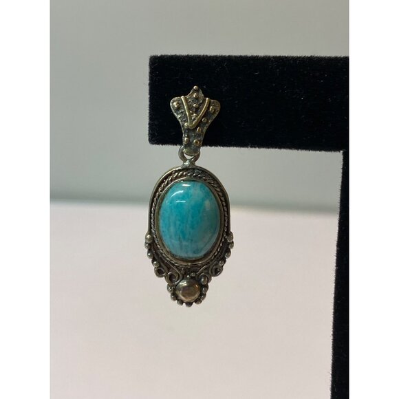 Vintage Sterling Silver Amazonite Gemstone Oval Drop Earrings 925 Ornate Dangle - Picture 3 of 8